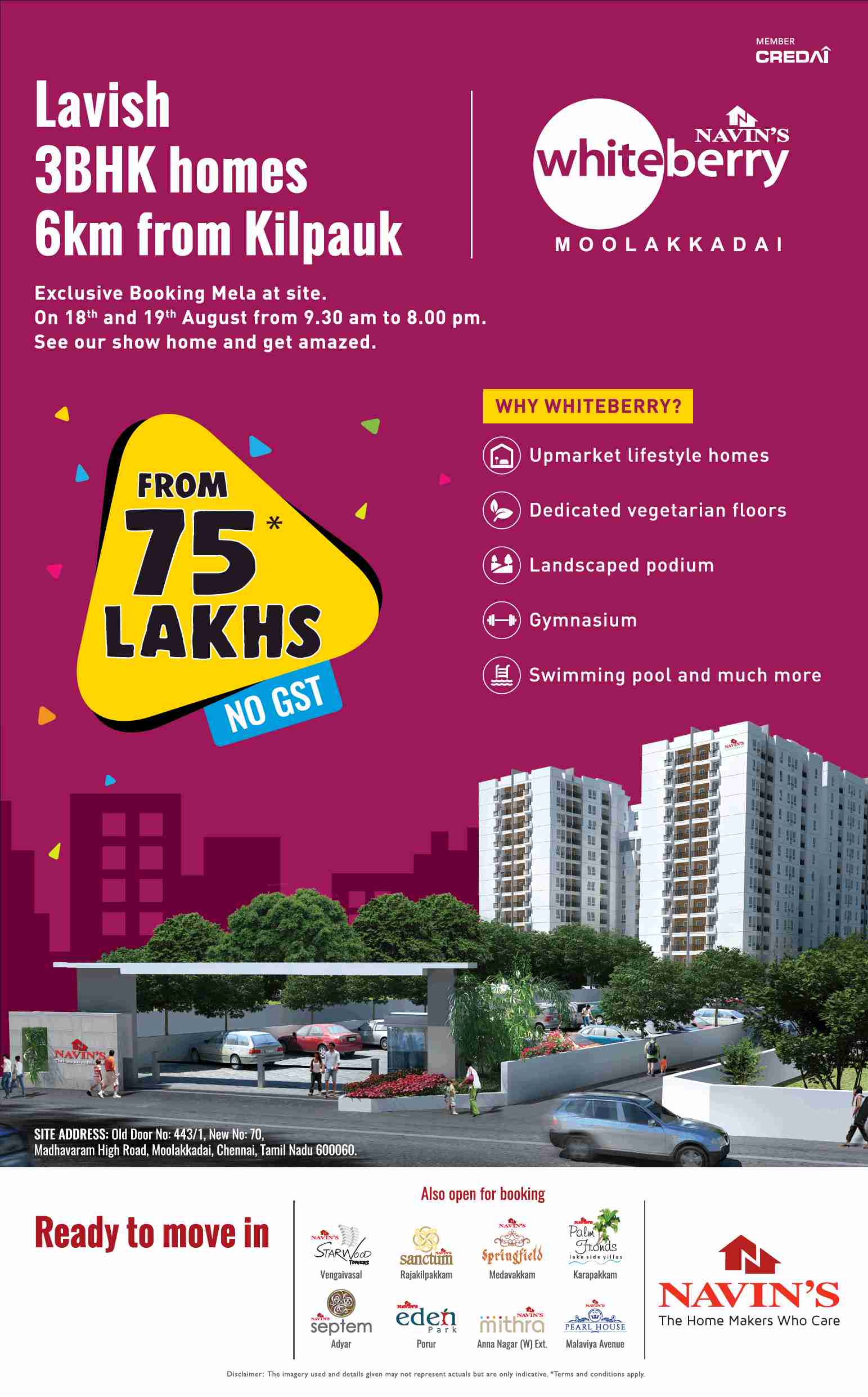 Book ready to move-in lavish 3 BHK homes @ Rs. 75 Lakhs at Navin White Berry in Chennai